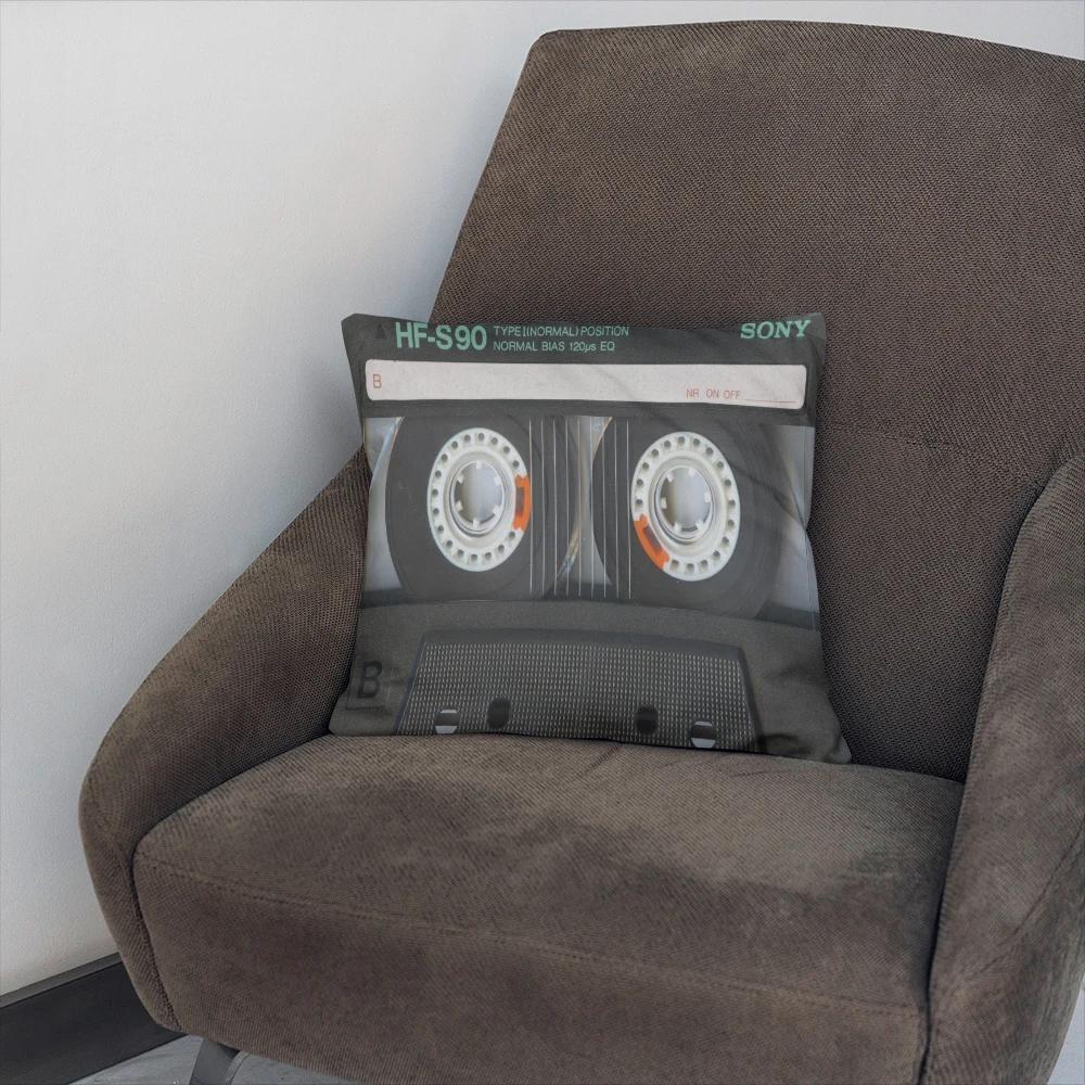 Fun Decorative Pillow Cover With Music Tape Print Cute Kawaii Camera Sofa Bedside Cushion Cover Short Plush Zipper Pillowcase