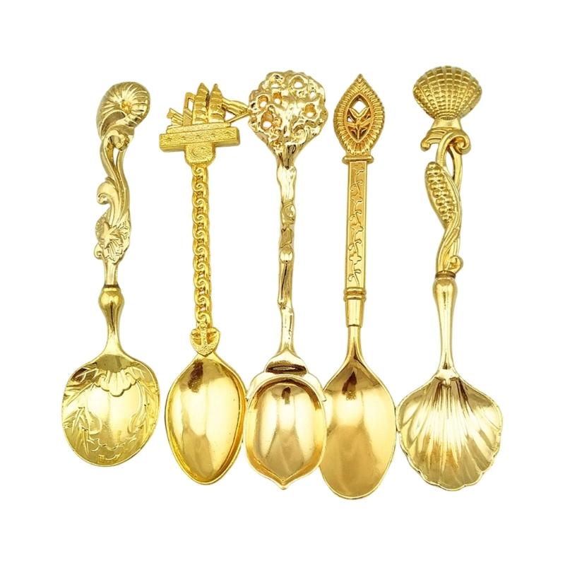 Retro Art Embossed Alloy Spoon Set 5Pcs Kitchen Utensils Durable Alloy Tableware Collection For Dining Elegances