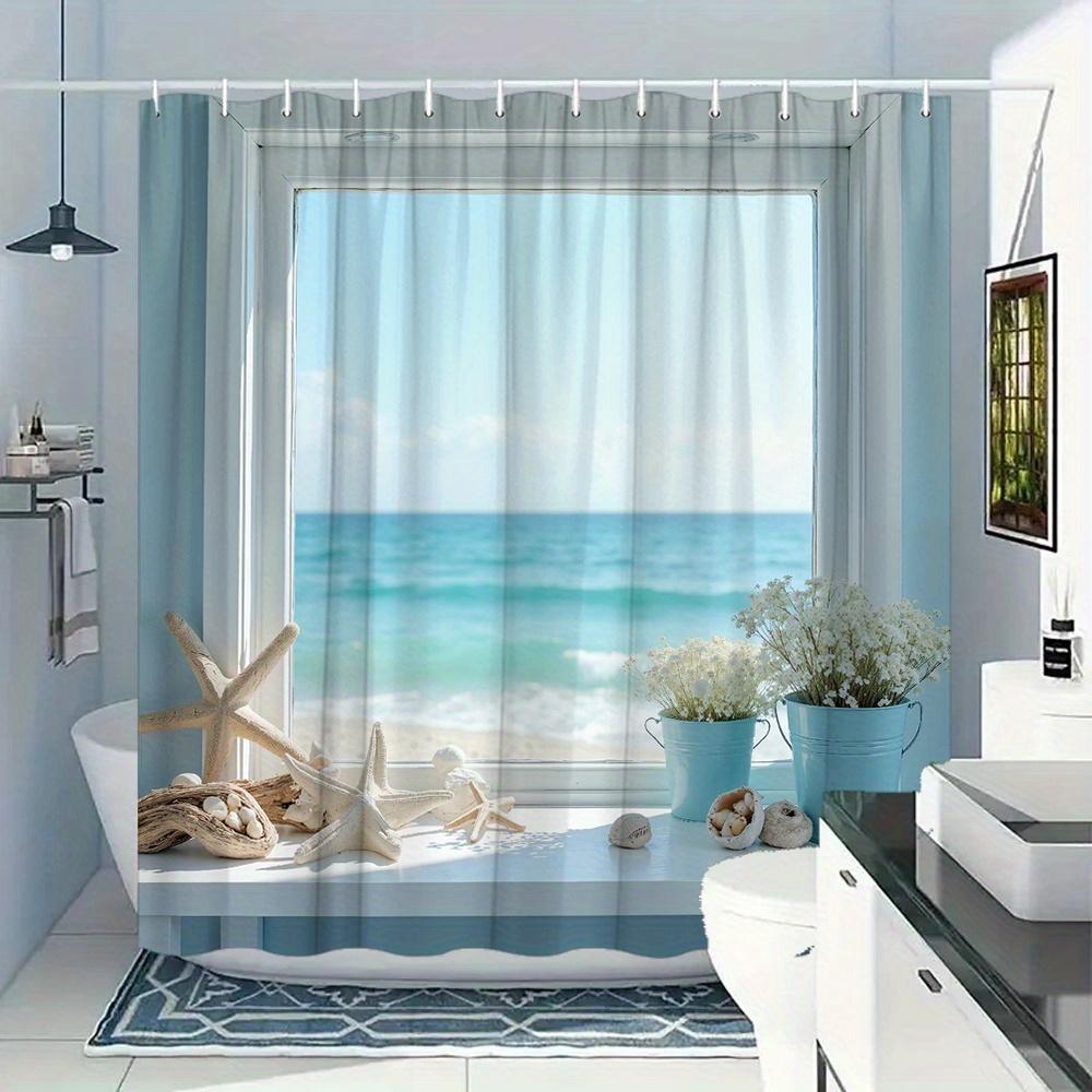 Dunika Chen Blue Ocean View Shower Curtain Beach Window Sea Scene Watercolor Waves Waterproof Fabric Coastal Bathroom Decor