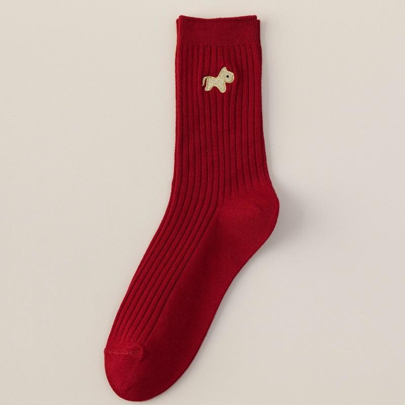 Big Red Socks New Year'S Red Socks Medium Tube Sweat-Absorbing Cotton Socks Embroidered Versatile Year Of The Horse Double Needle Stacking Socks