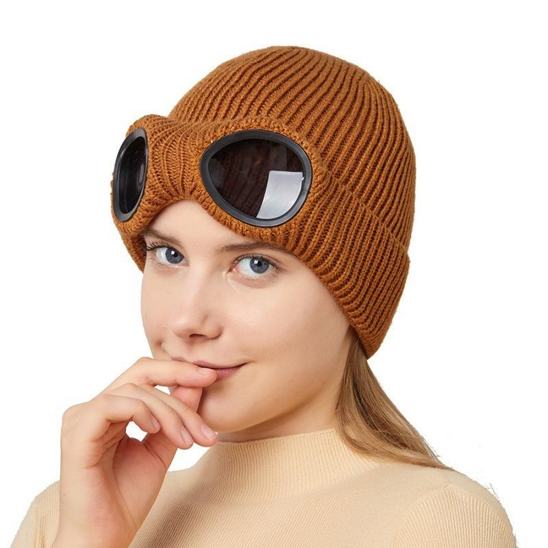 Hat Autumn and Winter Men's and Women's Windproof Glasses Fleece Ski Knitted Hat Warm Wool Hat