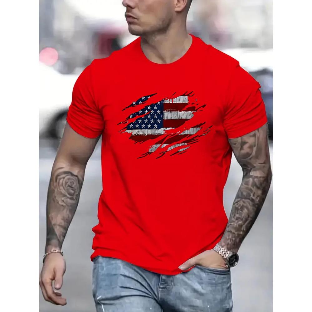 American Flag Pattern Print Men Cotton Summer Casual Loose Size Trendy Round Neck Short Sleeve T-shirt Top