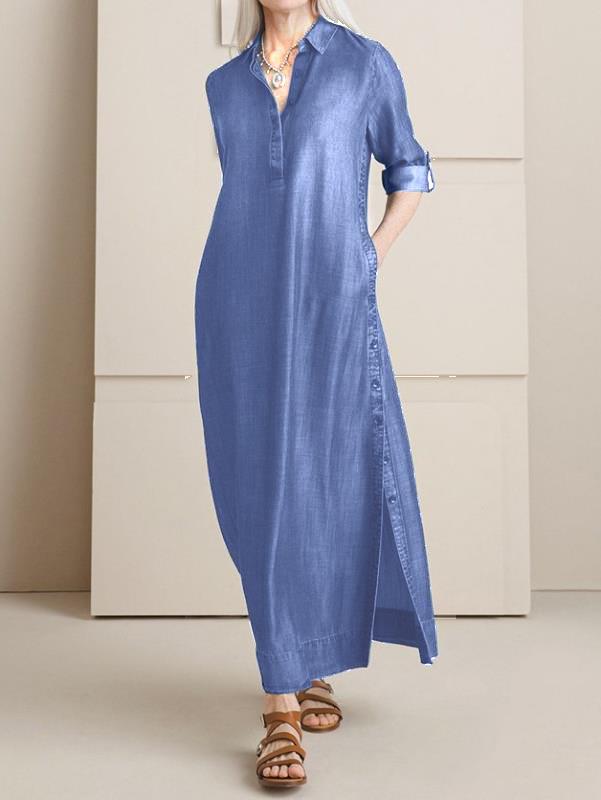 Women s Long Sleeve Button Front Collar Shirt Dress with Side Pockets and Slit S светло-синий