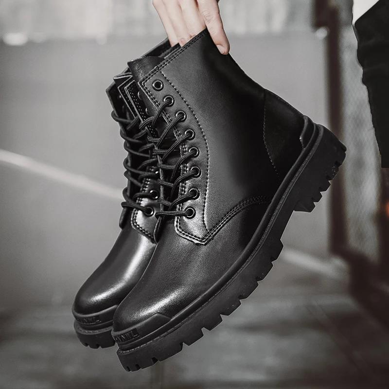 Fashion Lace-Up Men Winter Plush Snow Boots 2024 New All-match Male Boots Outdoor Men's Low Top Basic Shoes Leather Motorcycle Boots