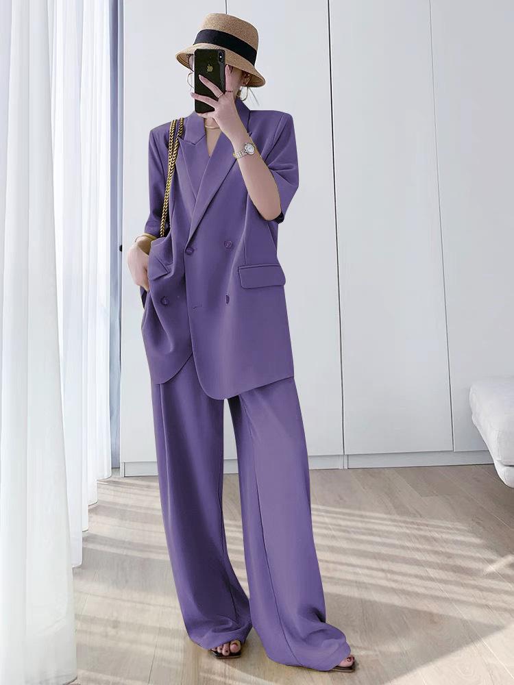 Plus Size 6681 Summer Slimming Wide-Leg Pants Two-Piece Suit for Women