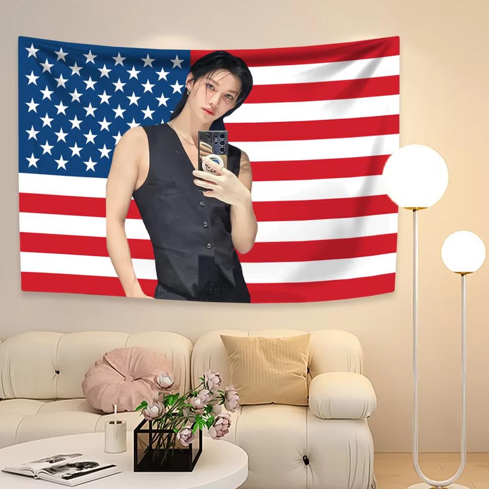 2025 Kpop Boy Group Member Felixs Tapestry American Flag Background Korean Idol Home Decor Wall Hanging Covering Concert Banner