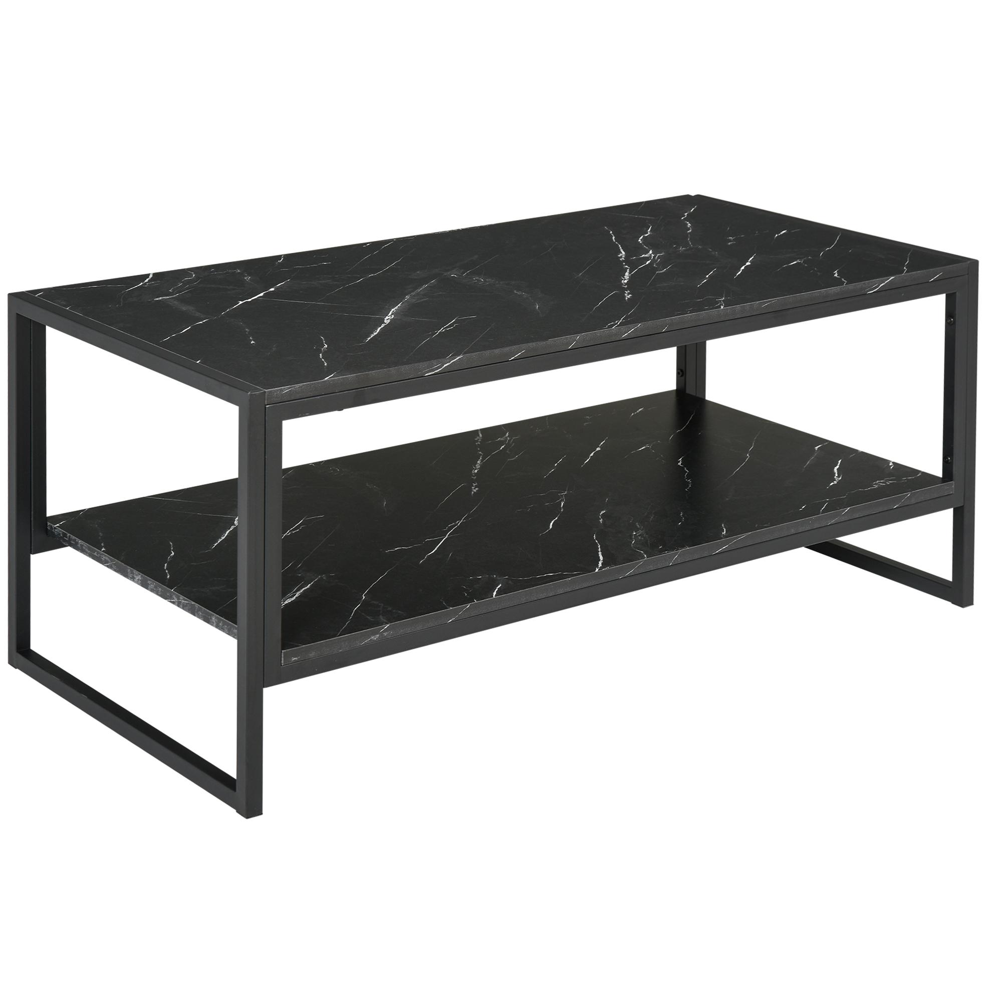 Dohányzóasztal, Kétszintes Műmárvány Hatású Középső Asztal Fémkerettel és Tárolópolccal Nappalihoz, 106 x 50 x 45 cm, Fekete 106 x 50 x 47 cm