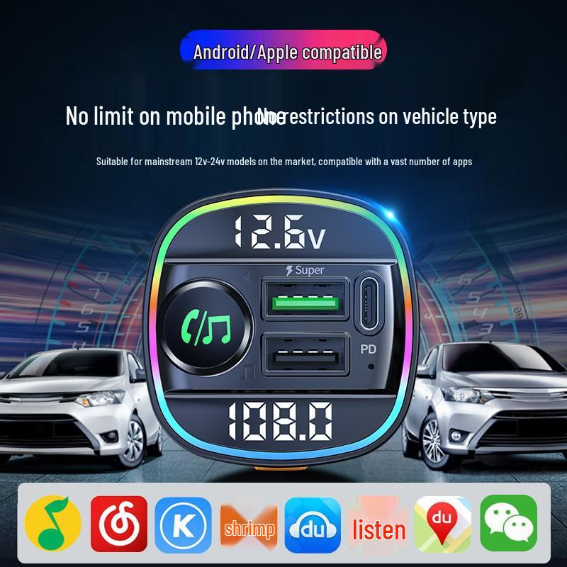 C22 Dual Display Car MP3 Bluetooth Player with Voltage Detection, USB Fast Charger, and FM Transmitter