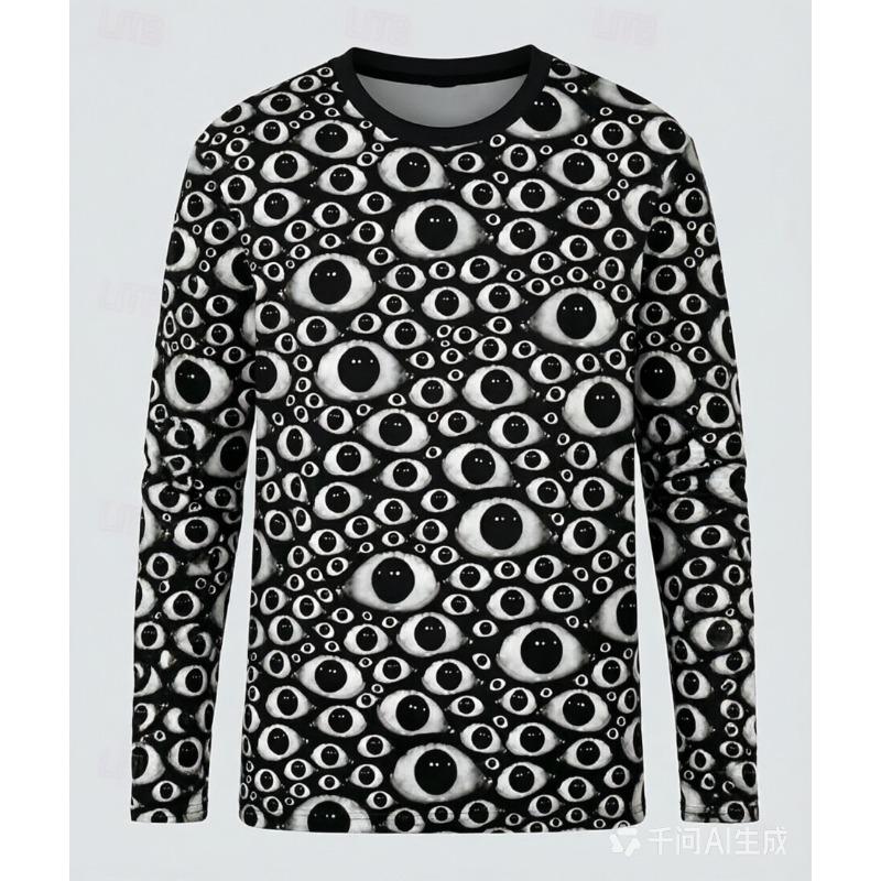 Men's Long Sleeve T-Shirt Full Horror Eyes Mouth Pattern Gothic Creepy Art Streetwear Crew Neck Tops