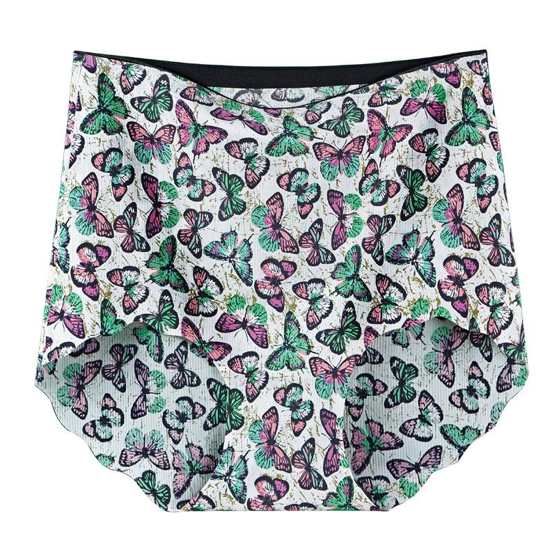 Large Size Ladies Summer Thin New Printed Ice Silk Belly and Hips Without Trace High Waist Triangle Briefs