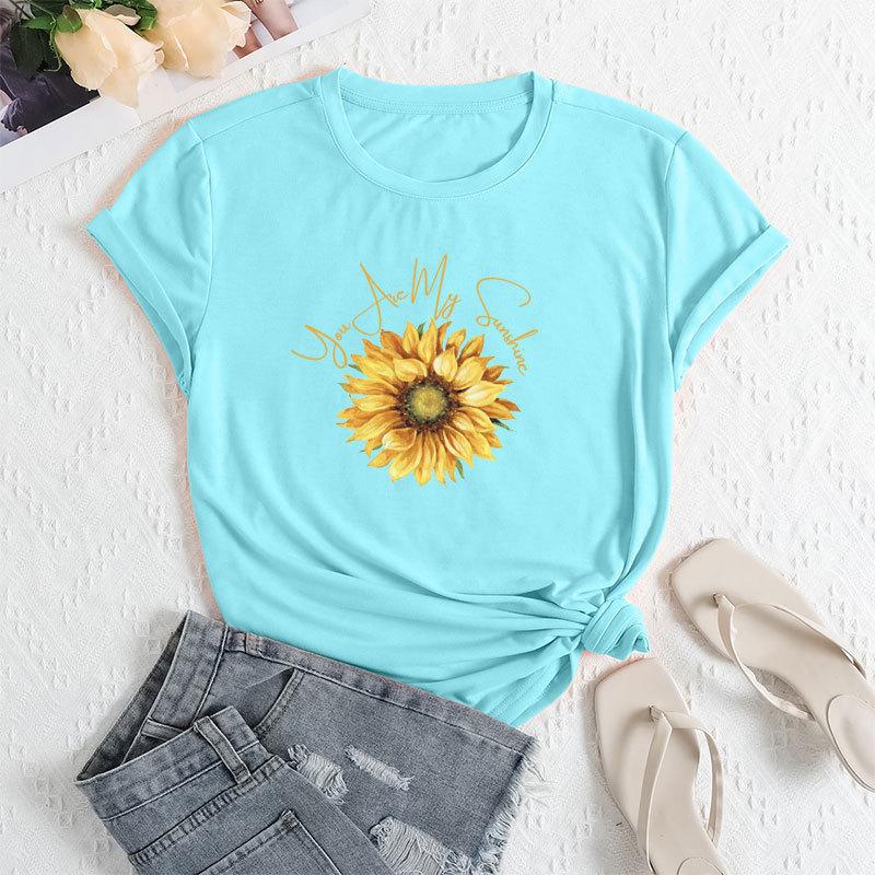 Summer Women's Fashionable Sunflower Print Short Sleeved Casual Loose Cotton Round Neck Top