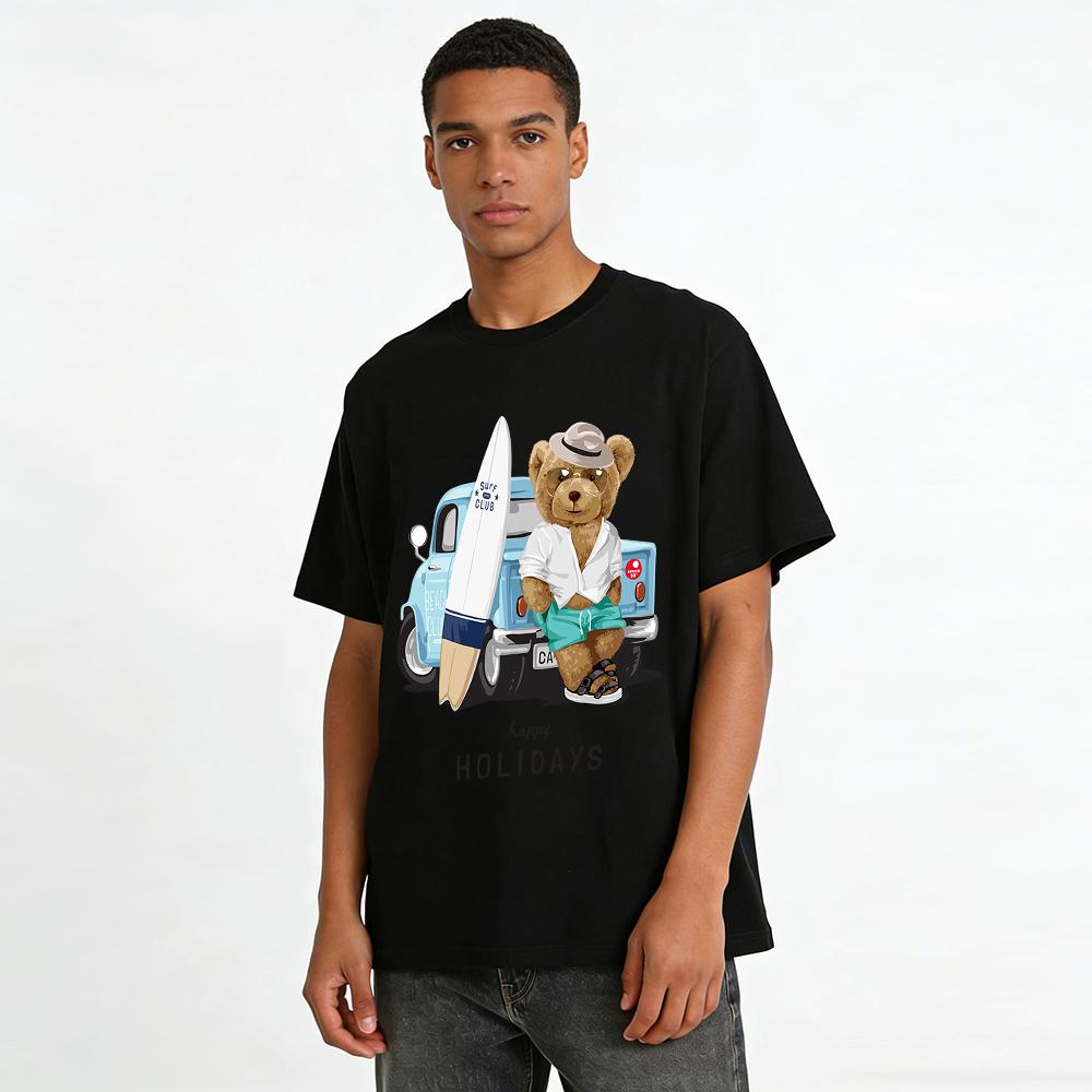 Happy Holidays Surf Club Bear Print Casual Vacation Short Sleeve Tee Pure cotton T-shirt