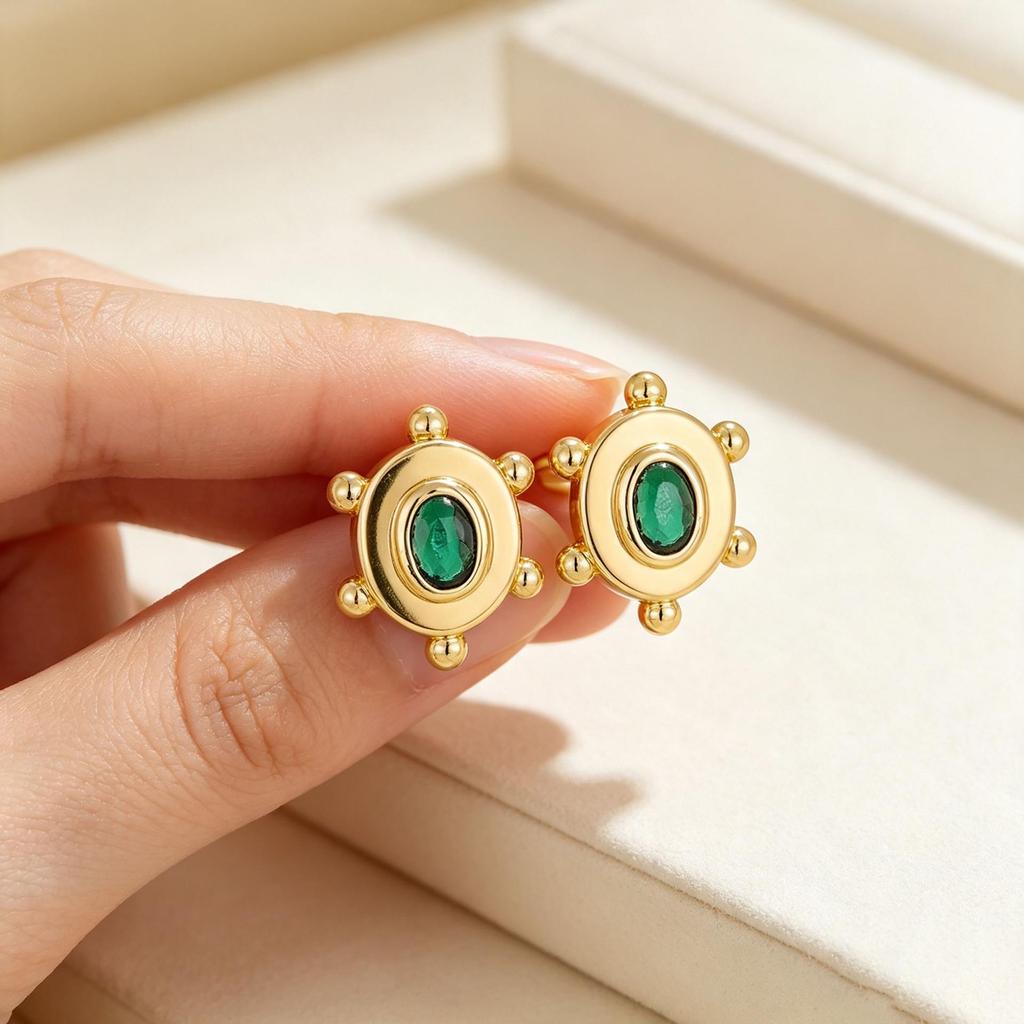 Copper-Plated 18K Gold Sunflower Stud Earrings with Gemstones - European & American Luxury Floral Accessories.