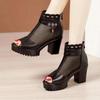 Leather Mesh Sandals Women's Summer Soft Bottom Mother's Cool Shoes Thick Heels Fish Mouth Roman Rear Zipper