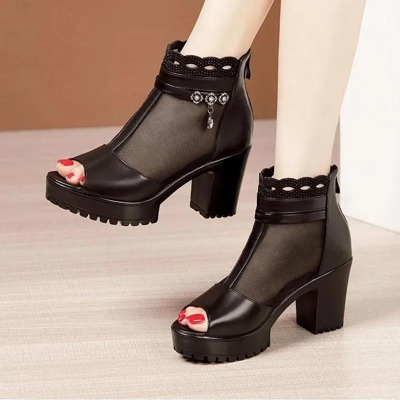 Leather Mesh Sandals Women's Summer Soft Bottom Mother's Cool Shoes Thick Heels Fish Mouth Roman Rear Zipper