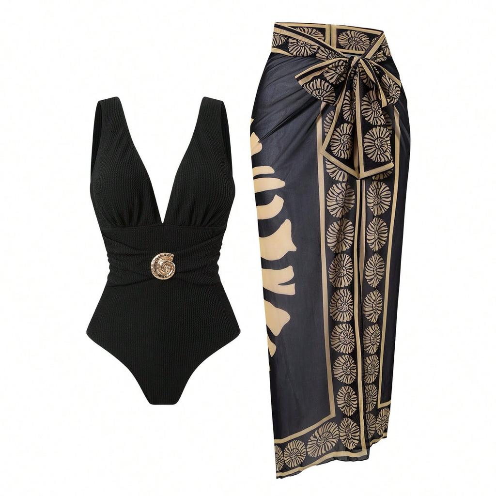 Deep Brown One-Piece Swimsuit with Sheer Wrap Skirt, V-Neck, Bow Detail