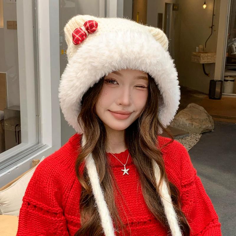 Cute Bear Ears Bow Knitted Lei Feng Hat Children's Winter Big Head Circumference Warm Ear Protective Wool Hat