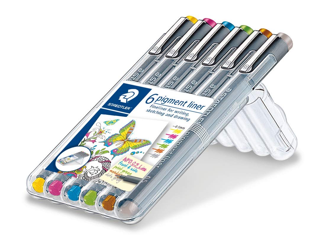 

STAEDTLER Pigment Fineliner Pen For Set of 6 Assorted 30805S2SB6 Liner, Drawing, Drafting, Journaling, Colors,