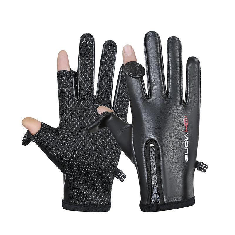 

Чоловічі водонепроникні зимові шкіряні рукавички: Вітрозахисний сенсорний чохол без пальців для їзди на велосипеді, водіння, риболовлі та їзди з собою PU zipper flap, One Size