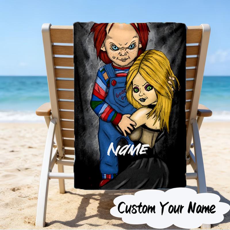 Custom Name Chucky and Tiffany Microfiber Beach Towel Super Soft & Absorbent for Bath, Beach, Travel  Bath Time Accessory, Fan gifts