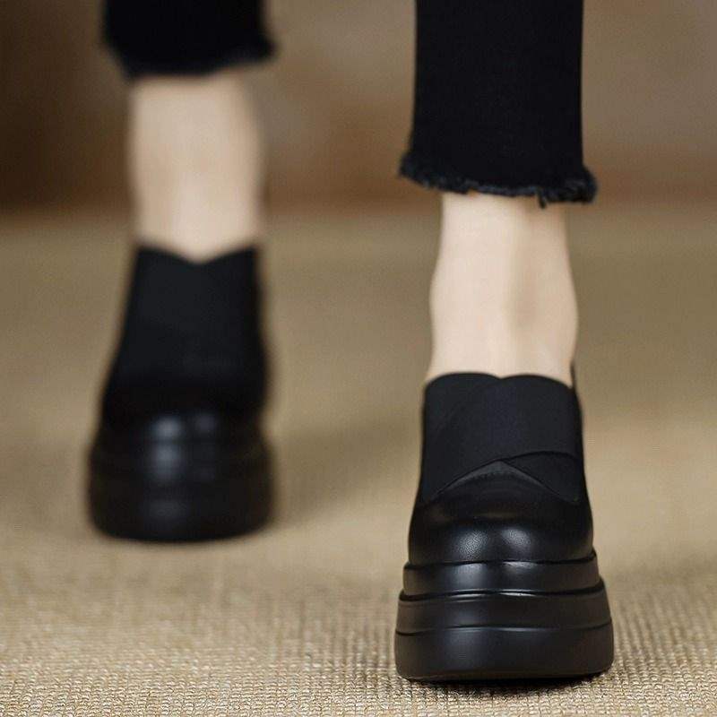 Platform Lazy Muffin Shoes Round Head One Pedal Single Shoes 2025 Spring and Autumn New Fashion Autumn British High-heeled Leather Shoes