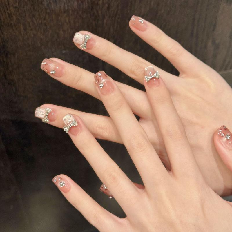 Leopard Print Heiress Cat Eye Bow False Nails - Sweet & Spicy Blush Design