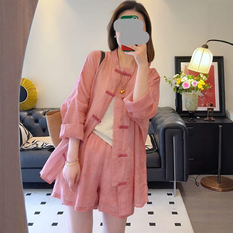 

2025 Summer Pink Chinese Style Two-Piece Set: Sun Protection Shirt & Wide-Leg Shorts with Frog Buttons 2XL розовый