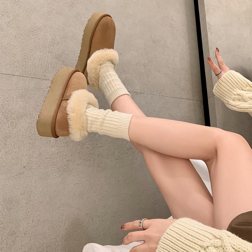 XD1 Leather Velvet Sheepskin Fur Integrated Thick-bottomed Low-top Snow Boots Women's Fluffy Boots