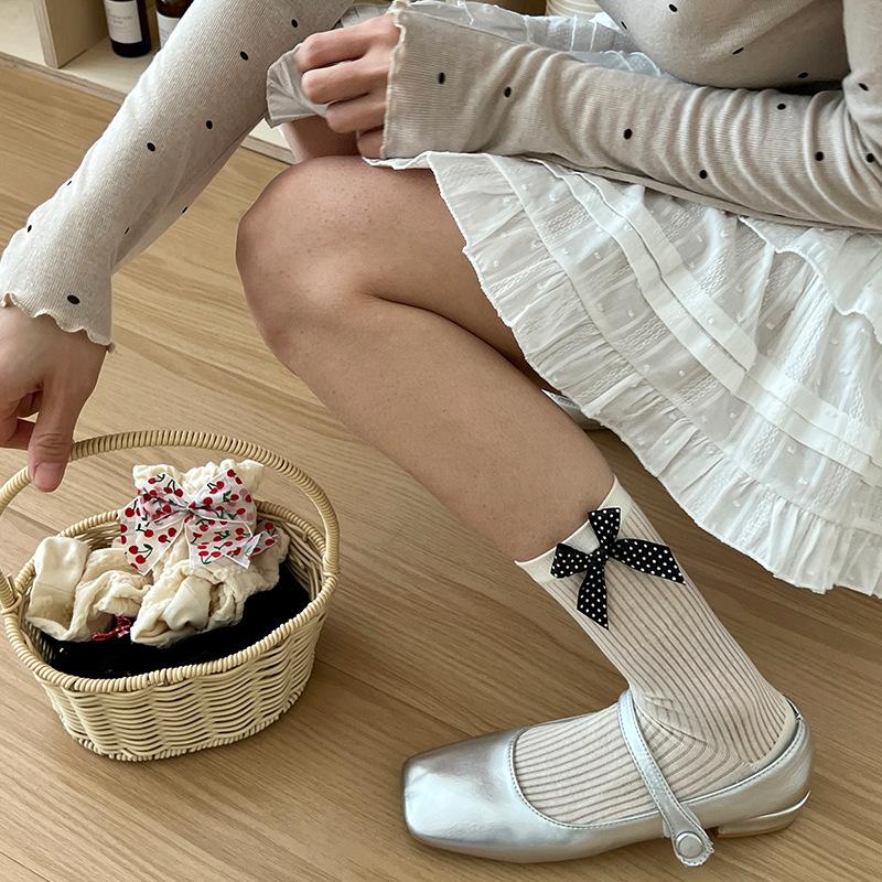 Women's Mesh, Bow, Lace, Mid-calf Socks for Spring and Summer, Thin Fruit, Cherry and Small Flower Socks, Trendy Pile Socks