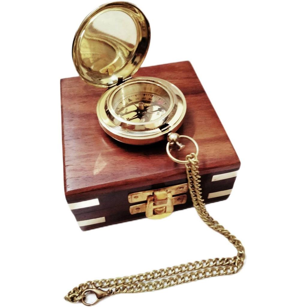 India Brass Push Button Compass Chain With Wooden Box Collectible Gift Compass  (Gold)