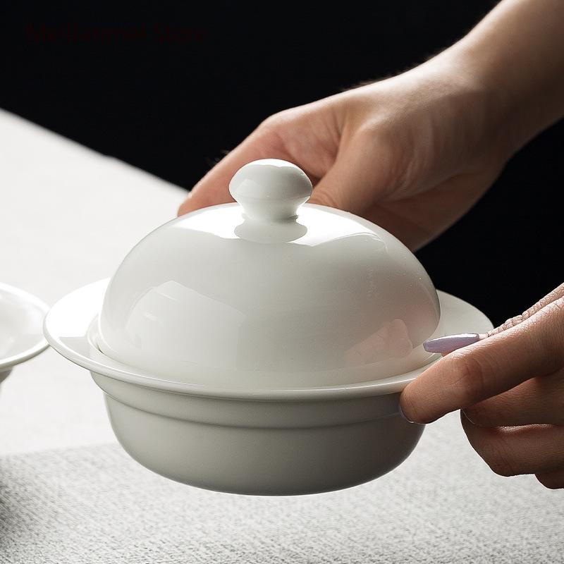 White Ceramic Bowl Home Steaming Egg Bowls Hotel Restaurant Tableware Chinese Soup Cup Ceramic Soup Bowl Round Bowls with Lid
