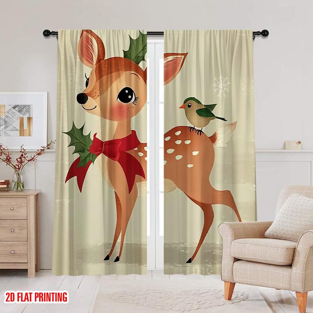 2pcs 2D flat printing Merry Christmas Popular Curtain Christmas reindeer Polyester Without Electricity Birthday Party for