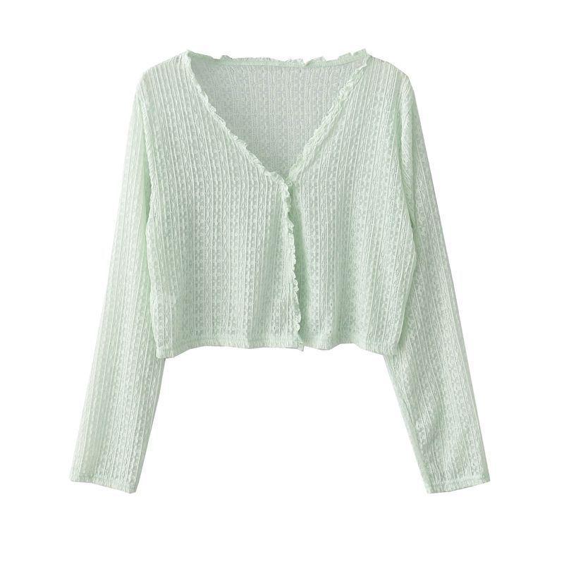 Women's Summer Lace-Trim V-Neck Ice Silk Cardigan - Airy, Loose, Long Sleeve Sun Protection Top