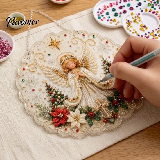 Religiöse Feiertagsdekorationen Weihnachten Perlmuttmalerei Sonnenfänger-Set, 3D Krippe/Weihnachtsmann/Vogel/Baum Festliche Heimdeko Akzente Perlen