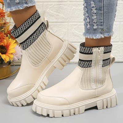 Lucyever Patchwork Pu Leather Ankle Boots Women 2024 Fashion Chunky Platform Chelsea Boots Woman Elastic Knitted Short Booties