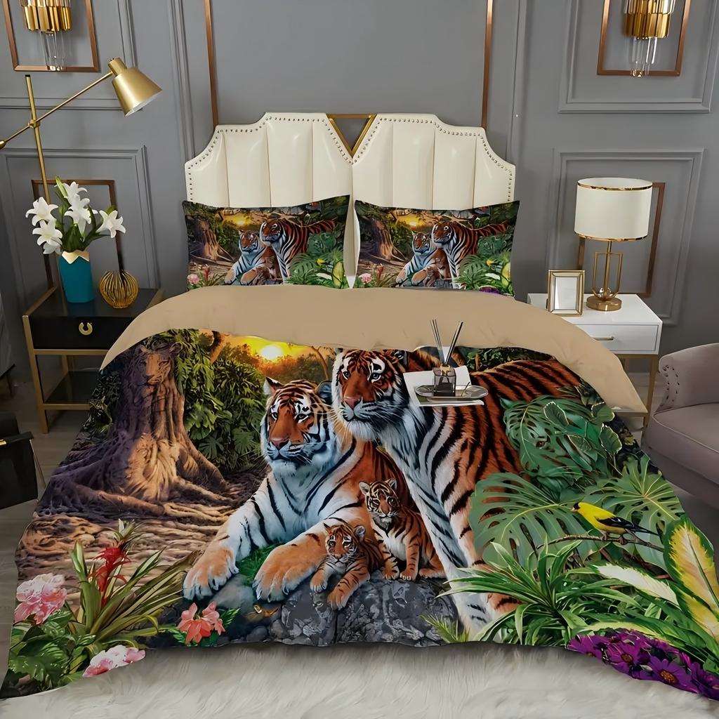 Forest Tigers 3D Printed Duvet Cover Set Pillowcases Soft Comfortable Home Polyester Bedding Set Wildlife Theme Quilt Cover Set