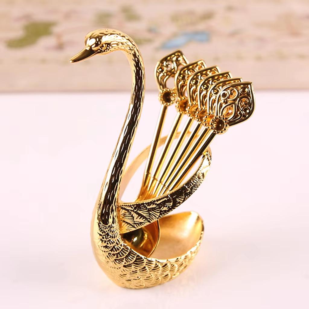 Elegant Metal Swan Spoon Set With Stand Tableware For Fruit Dessert Coffee Home Decoration Practical Cutlery Set For Daily
