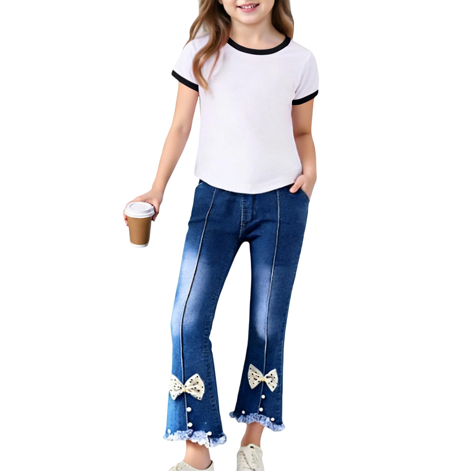 Girls  Raglan Set , Short Sleeve Top & Denim Pants 110
