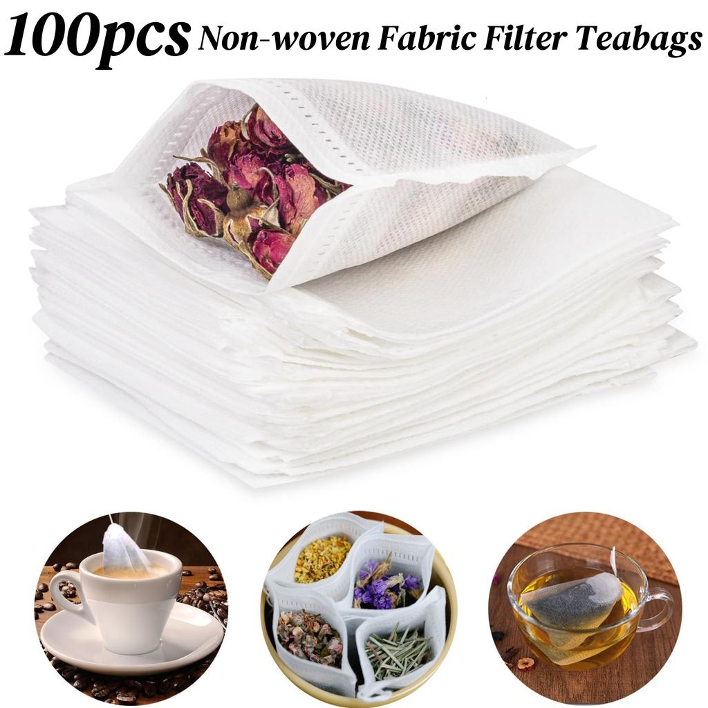 100 ks jednorázových čajových sáčků z netkané textilie, potravinářské čajové filtrační sáčky s těsněním z šňůrky pro čajový infuzér, koření, byliny, kávové filtry
