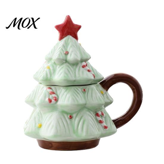 Unique Christmas Souvenir Present Tree Mug with Star Lid, 340ml Festive Holiday Coffee Cup for Hot Xmas Home Office Decor Cocoa And Milk, Retro Curved