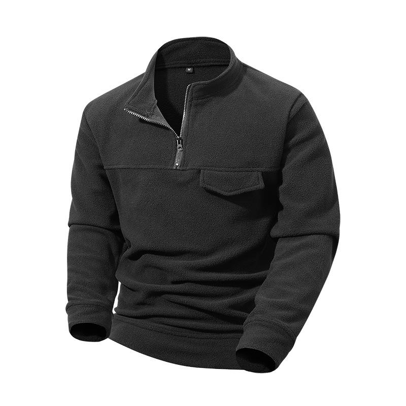 Men's Solid Color Half-Zip Fleece Sweatshirt with Stand-Up Collar, Long Sleeves - Casual Autumn/Winter Knitwear.