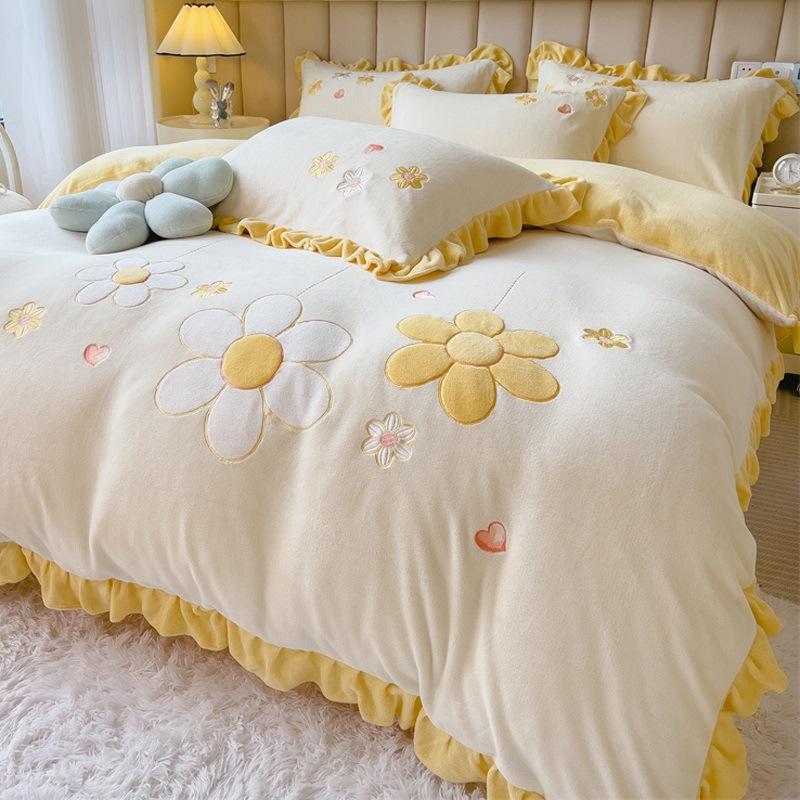 

Princess Wind Thickened Milk Coral Fleece Bed Four-Piece Set Fleece Bedding Plush Quilt Cover Bed Sheet Person 3pcof sheets 150x200 quilt