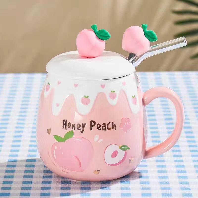 Korean version cute water cup boys and girls ceramic cup with lid spoon large capacity mug office coffee breakfast cup