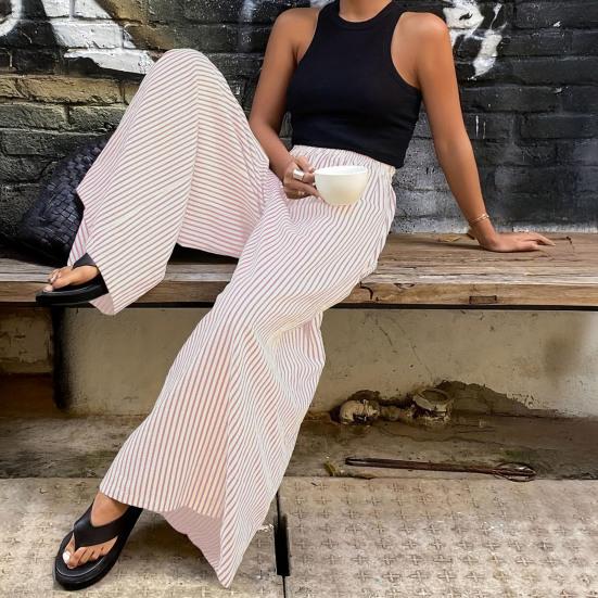 Women Pants with Pockets, Casual Wide Leg Trousers with Elastic Waist, Loose Fit Striped Print Pants for Everyday Wear