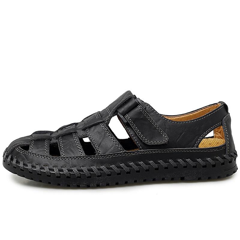Pánské letní duté kožené sandály prodyšné vintage kožené boty pro volný čas outdoor ploché brodění mokasíny plážové pantofle