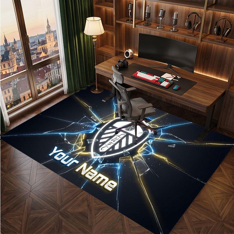 Leeds United Custom Crystal Velvet Rug, Personalized Name Text Print, Football Logo Soft Non‑Slip Floor Mat Home Decor Gift