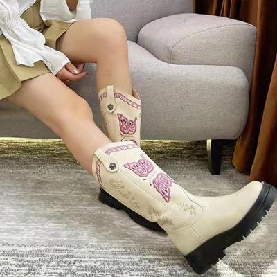 2024 Autumn/Winter Korean Embroidery Sleev & Western Cowboy Boots Slim Bottom Boots