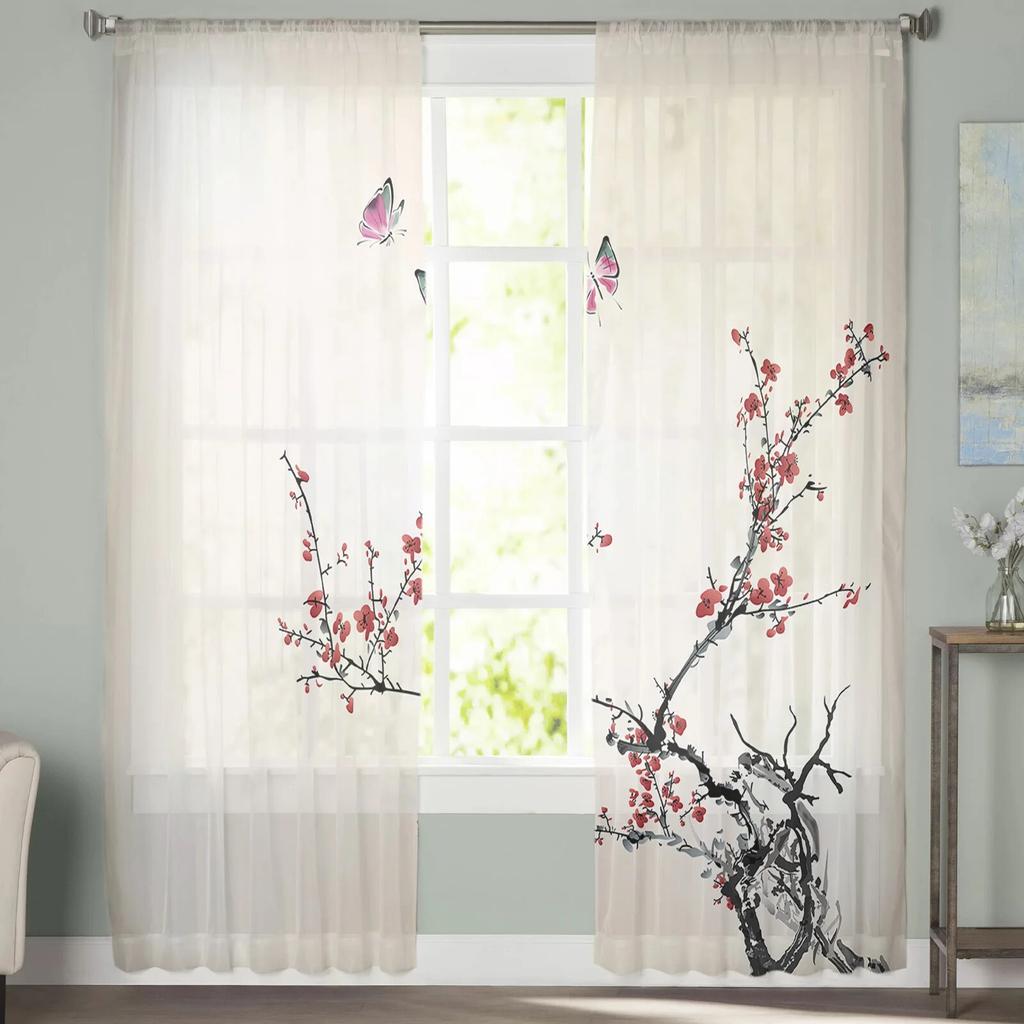 Chinese Style Plum Blossom Butterfly Chiffon Sheer Curtains For Living Room Home Decoration Window Voile Tulle Curtain Drapes