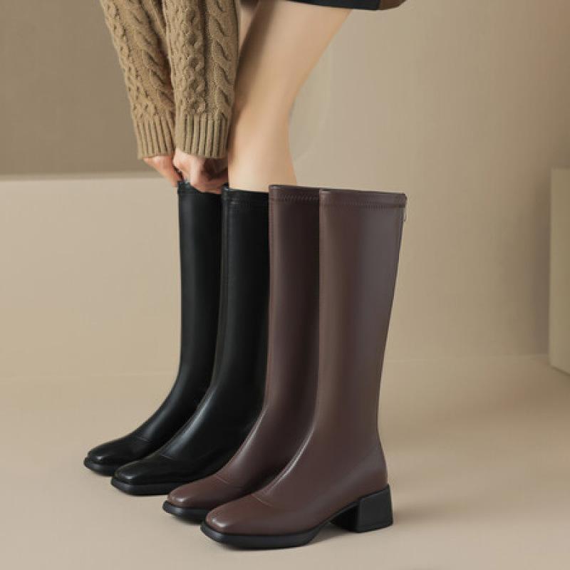 Autumn and Winter Women's Leather High Boots Solid Color Comfortable High Boots Medium Heel Large Size Women's Boots Korean Version of the N