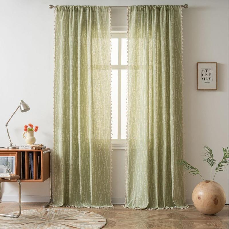 Stripe Floral Boho Curtains for Bedroom Living Room, Bohemian Vintage Tassels Window Treatment Drape for Home Decorations Rod Pocket,1pc